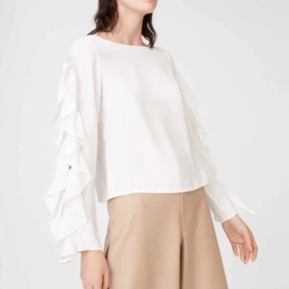 Club Monaco White Ruffle Sleeve Blouse Cutouts Small Feminine Boho Minimalist